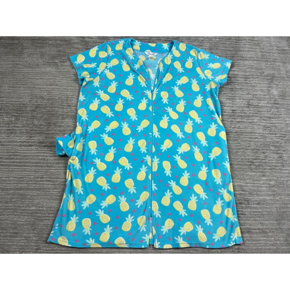 Rene Rofe Robe Womens XL Teal Blue Pineapple Heart Fleece Zip Front House Dress